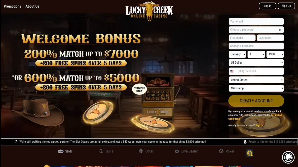 Lucky Creek casino lobby screenshot